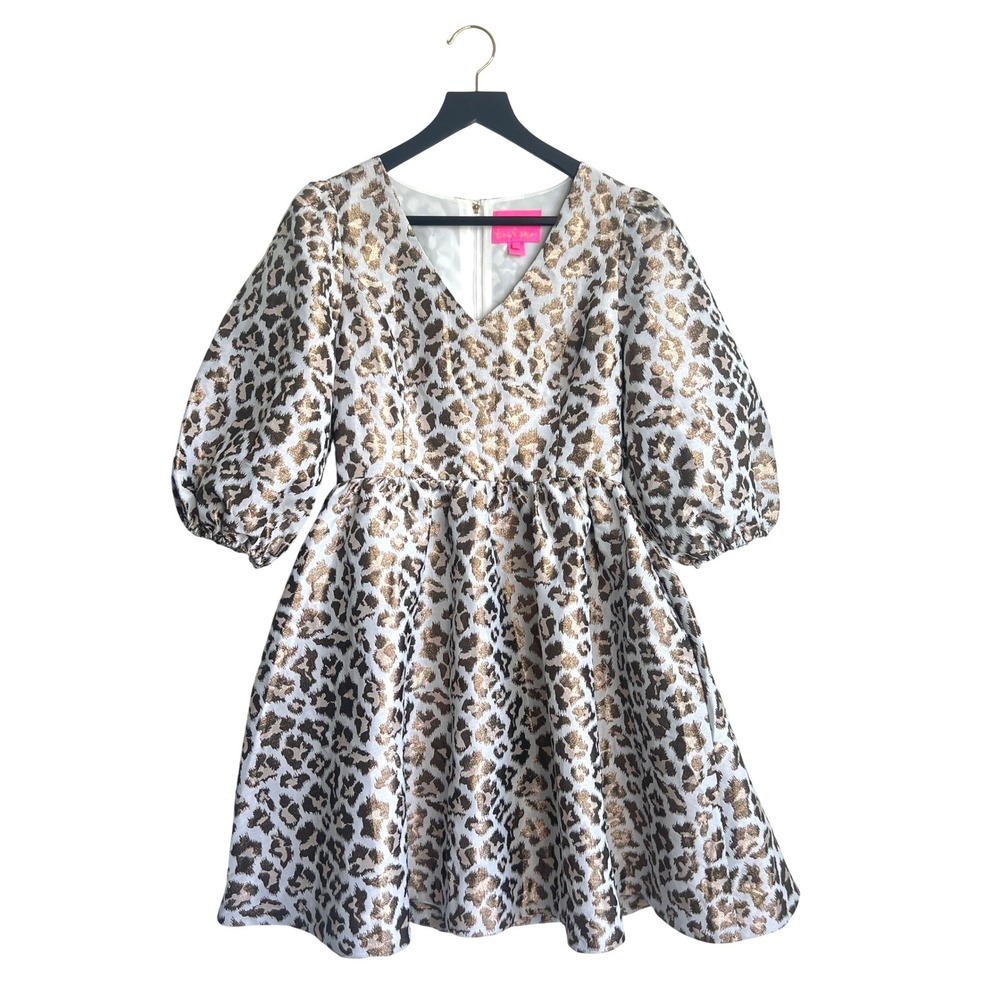 Lilly Pulitzer Leopard Calyssa Metallic Jacquard Puff Sleeve Dress Gold Silver 4 - Picture 3 of 13
